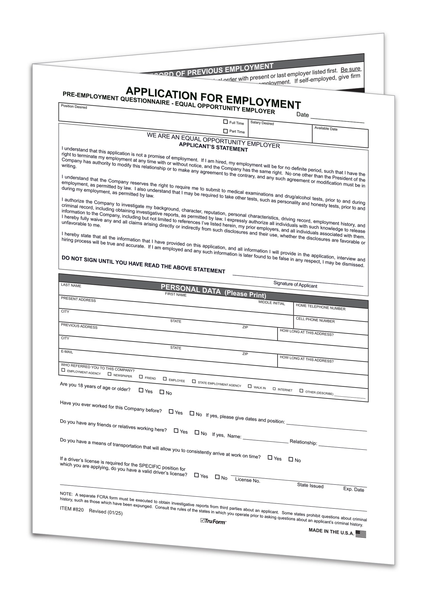 Application for Employment - EMP-1 - Qty. 50