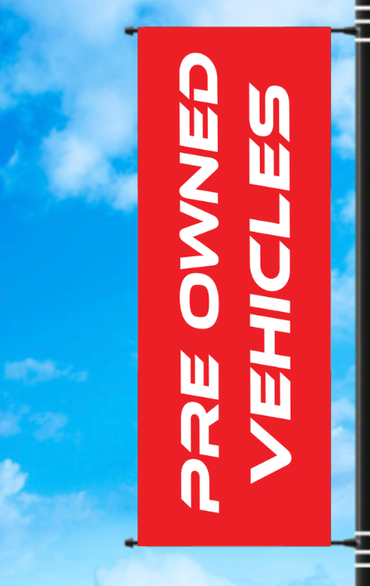 Vinyl Light Pole Banner - "Preowned Vehicles" - Black/White Letters