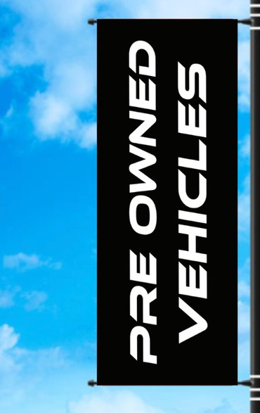 Vinyl Light Pole Banner - "Preowned Vehicles" - White/Blue Letters