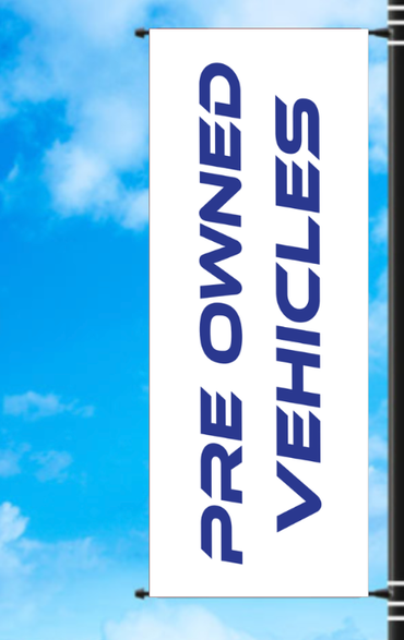 Vinyl Light Pole Banner - "Preowned Vehicles" - Blue/White Letters