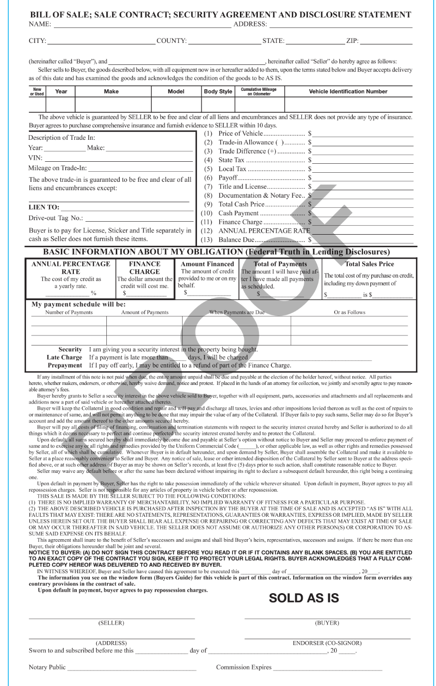 Bill of Sale / Sale Contract / Security Agreement / Disclosure Statement