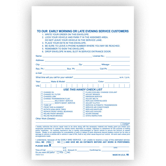 Service Estimate and Parts Return Night Drop Envelope