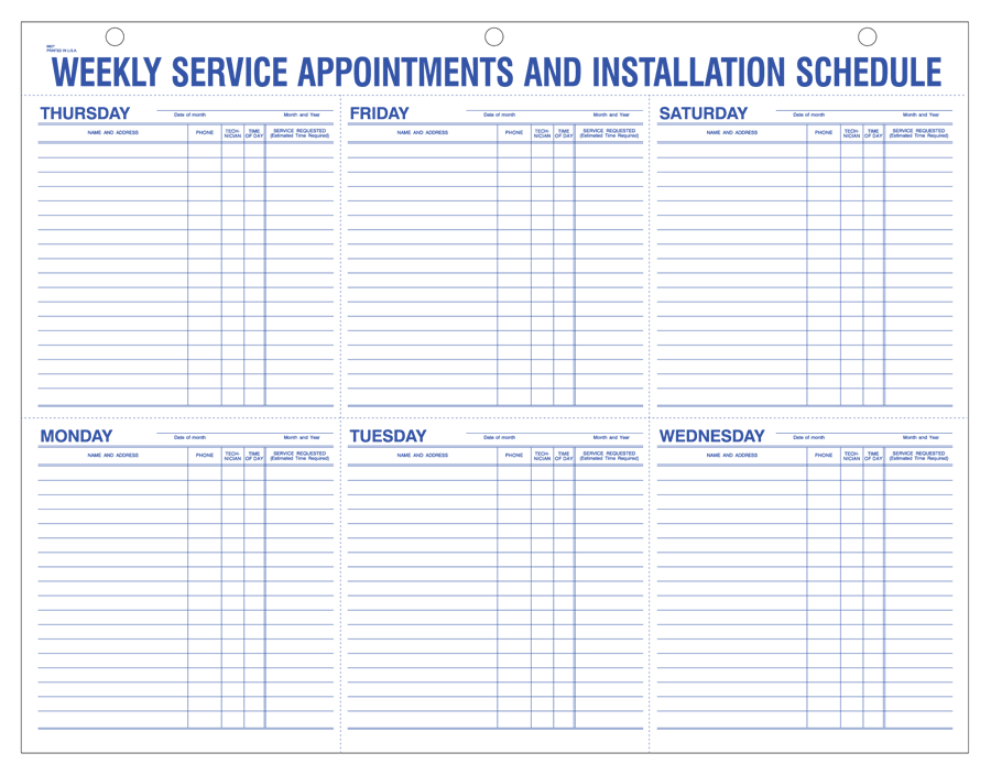 Route Sheet - Weekly Service Appointments and Installation Schedule