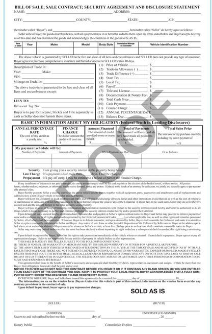 Bill of Sale / Sale Contract / Security Agreement / Disclosure Statement