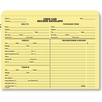 Used Car Record Envelope